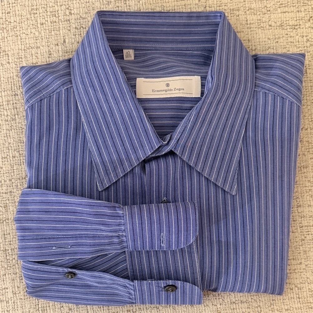 Ermenegildo Zegna Mens Blue White Striped Cotton Dress Shirt 16.5 42 Spain